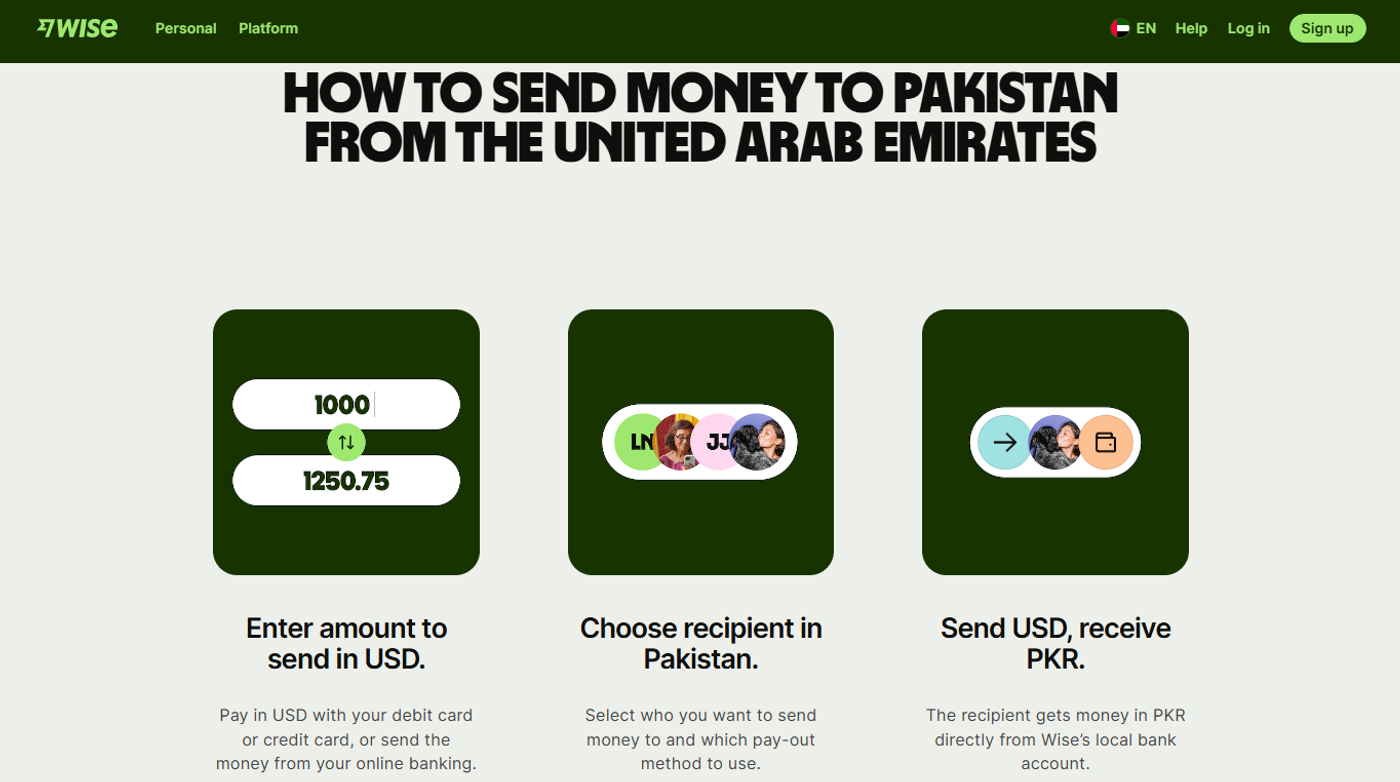 Wise UAE to Pakistan page screenshot