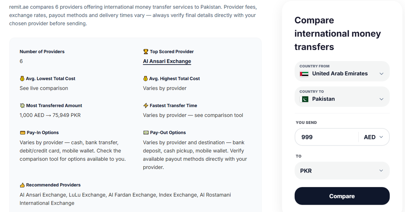 Remit.ae live comparison screenshot