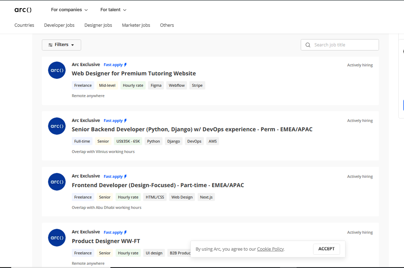 Arc.dev Pakistan/India page screenshot