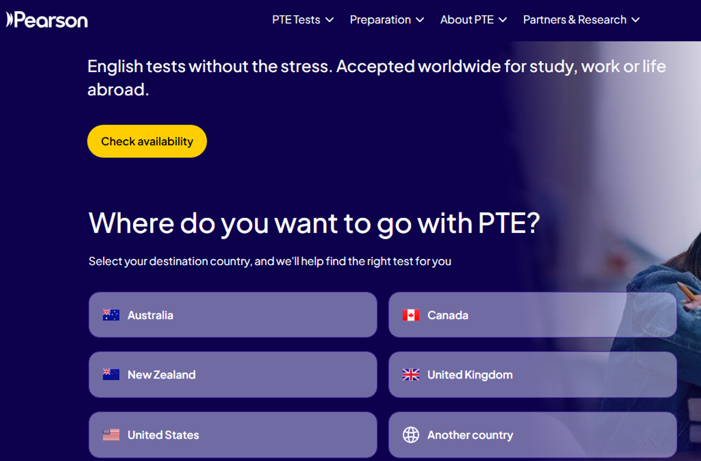 Pearson PTE official page screenshot