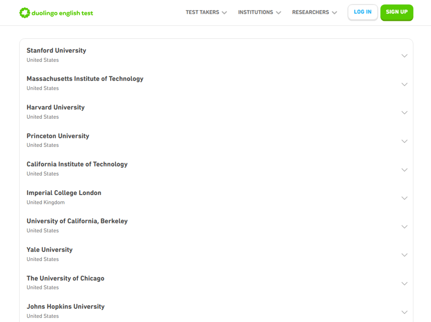 Duolingo official accepted institutions page screenshot