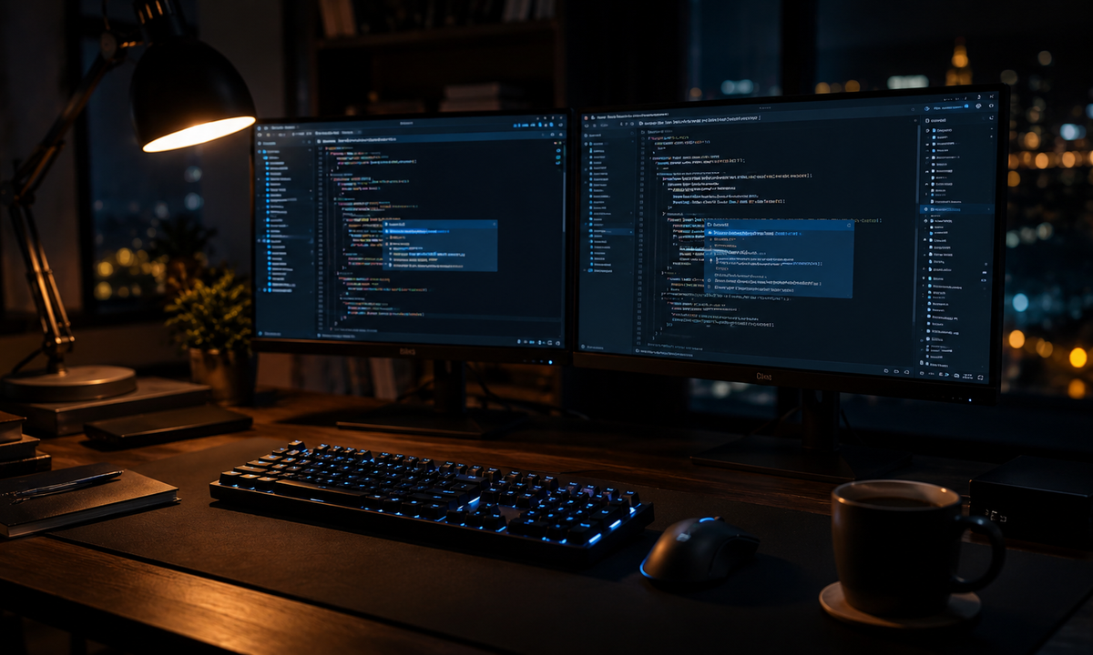 Developer desk at night with dual monitors showing AI coding tool suggestions and code editor 2026