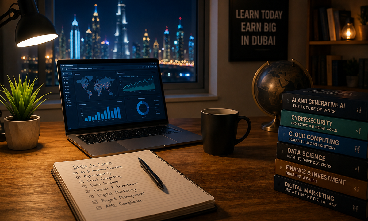 Dubai skyline with professionals representing high-paying careers in AI, cybersecurity, cloud computing, finance, and digital marketing.