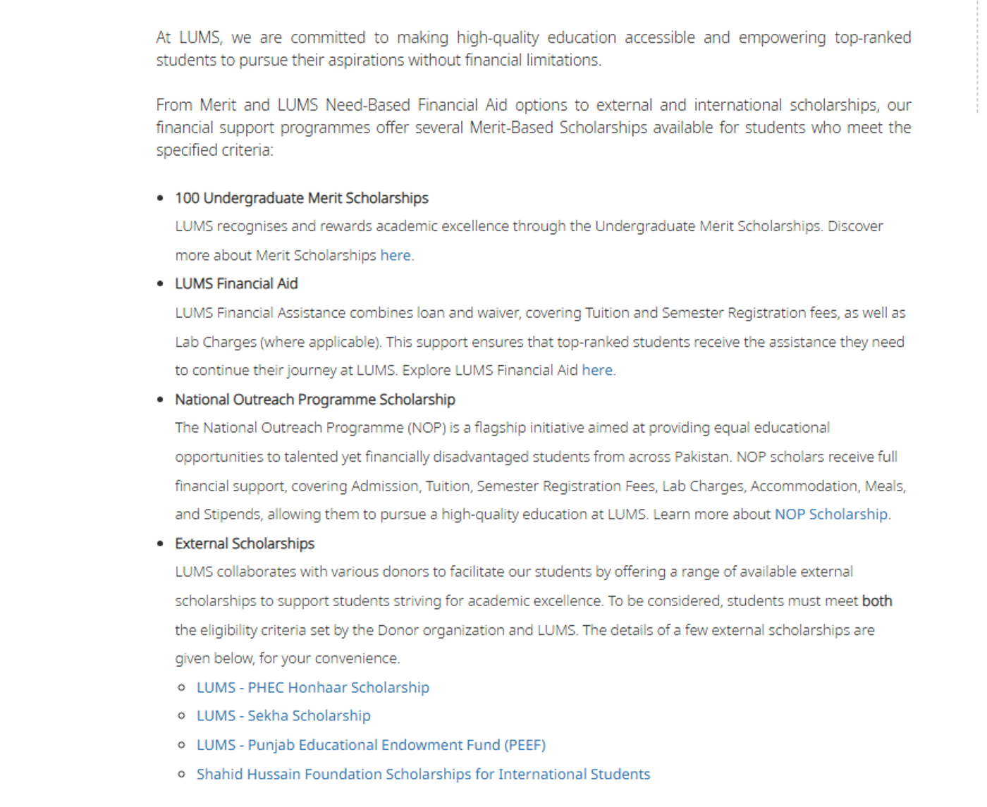 LUMS financial aid page