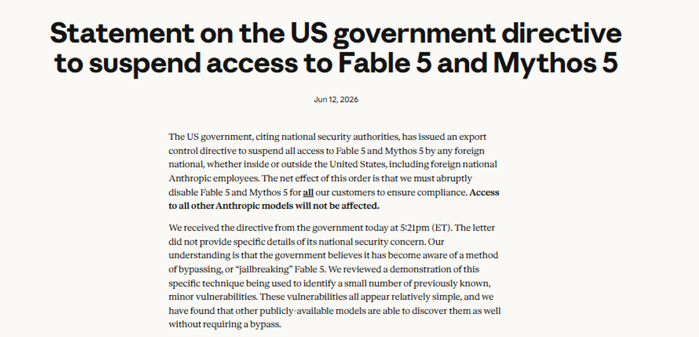 Statement on the US government directive to suspend access to Fable 5 and Mythos 5