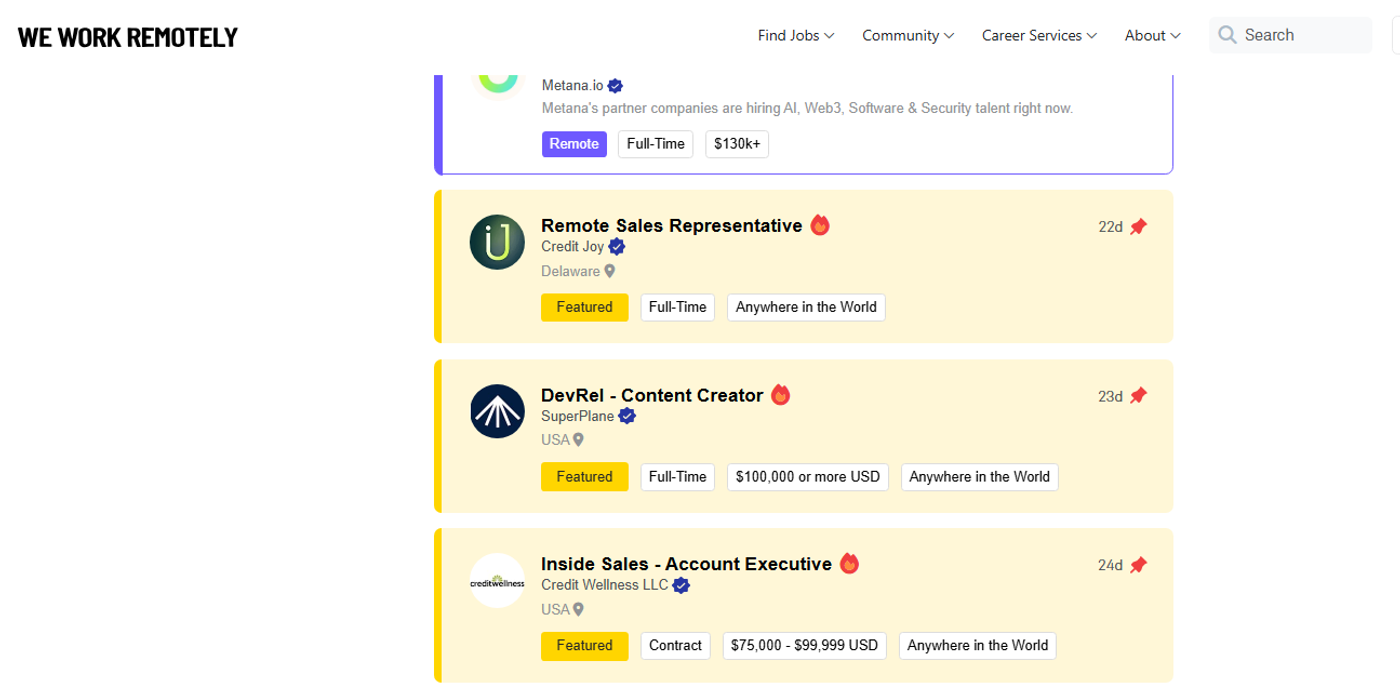 We Work Remotely homepage screenshot
