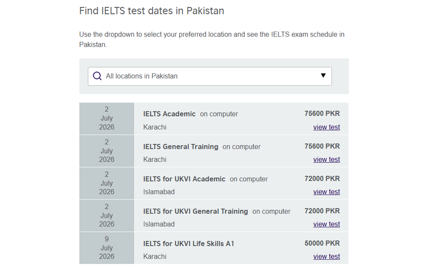British Council official fee page screenshot