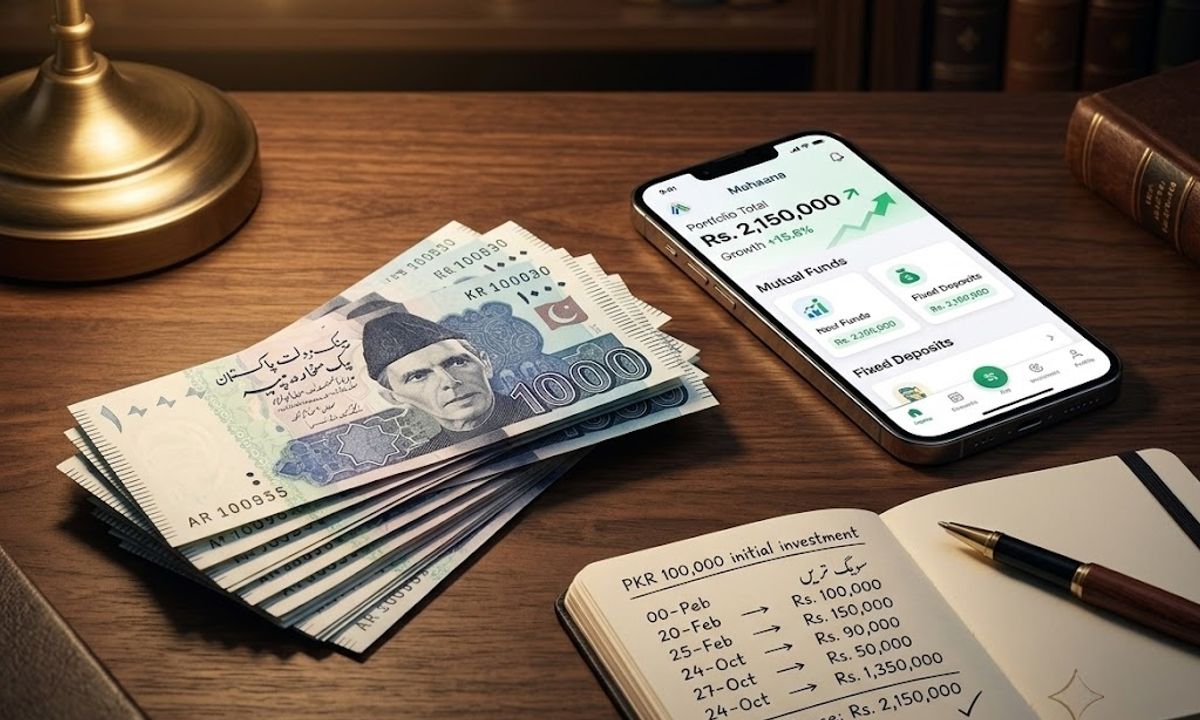 Pakistani currency notes PKR on desk with smartphone showing investment app 2026