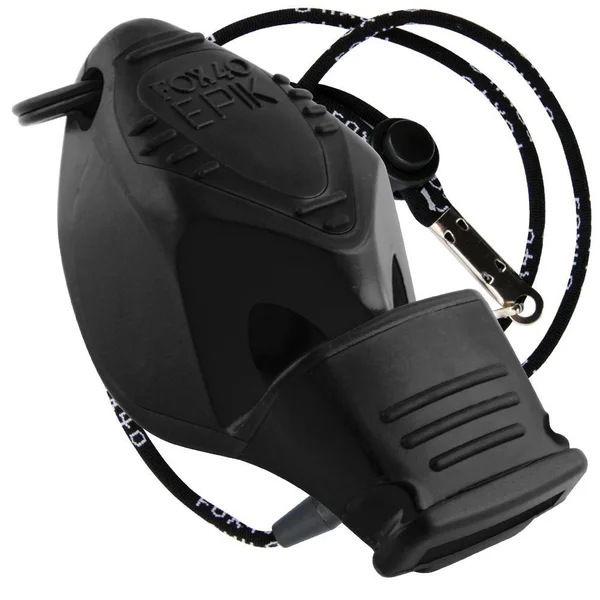 Sifflet Fox 40 EPIK CMG noir avec cordon tressé bleu marine et accessoires métalliques argentés.