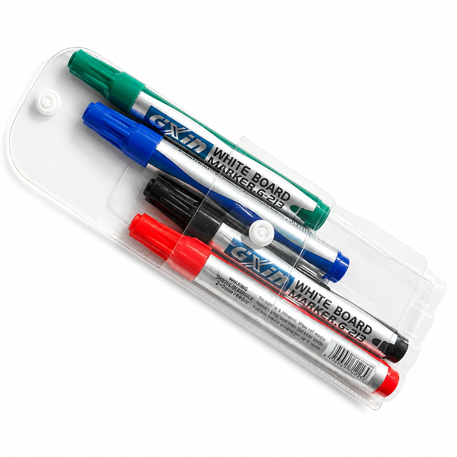 Etui met de vier stiften voor het tactiekbord en de bijbehorende inktvullingen op witte achtergrond.
