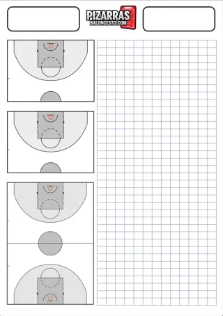 Planilla de baloncesto para imprimir con 2 medias pistas, 1 pista entera y cuadrícula