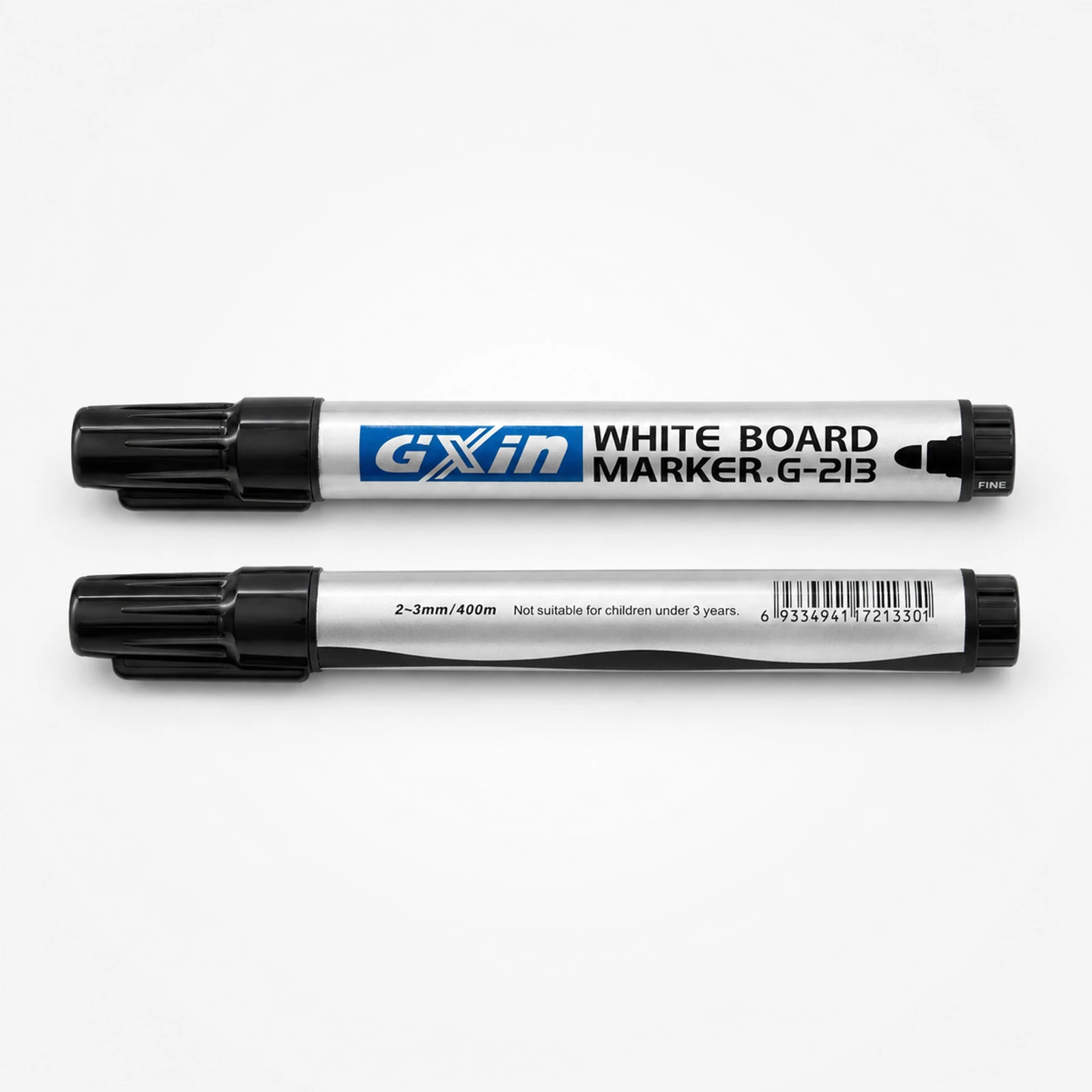 Two Gxin white board markers model G-21B with black ink and fine 2-3mm tip for writing.