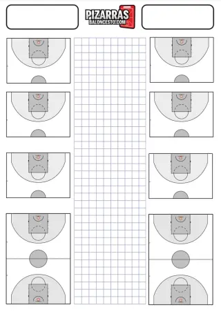 Planilla de baloncesto para imprimir con 6 medias pistas, 2 pistas enteras y cuadrícula