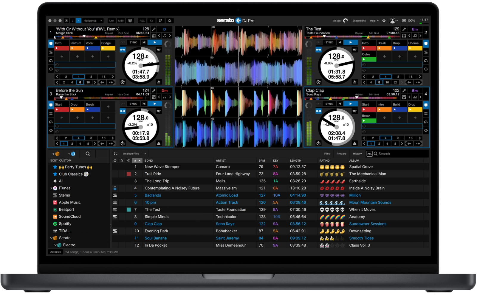 Serato DJ Pro four-deck layout for mixing four tracks in the top DJ software used for professional DJ software.