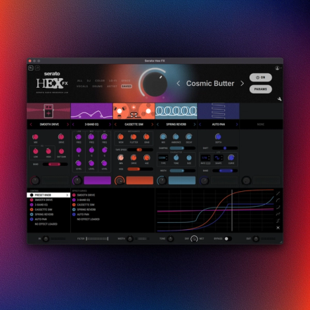 Serato Hex FX plugin, GUI showing chainable FX for creative sound design and music production.