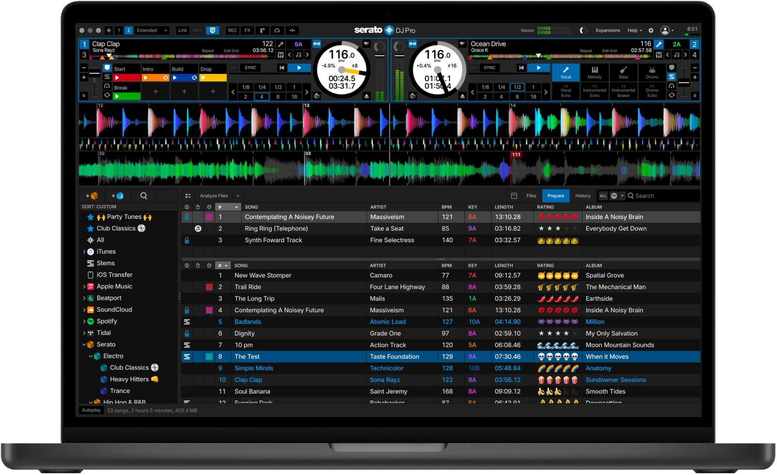 Serato DJ Pro practice mode view for professional DJs practicing their mixes.