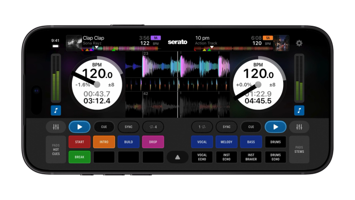 Serato DJ for iOS, a DJ app running on an iPhone.