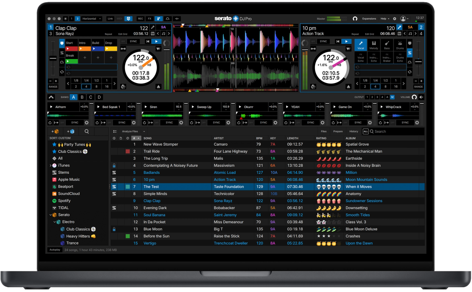 Serato DJ Pro interface showing Sampler tools in professional DJ software.