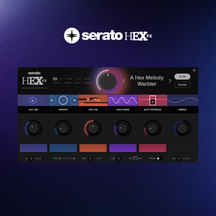 Serato Hex FX, a mutli-FX plugin. GUI image on a dark background.