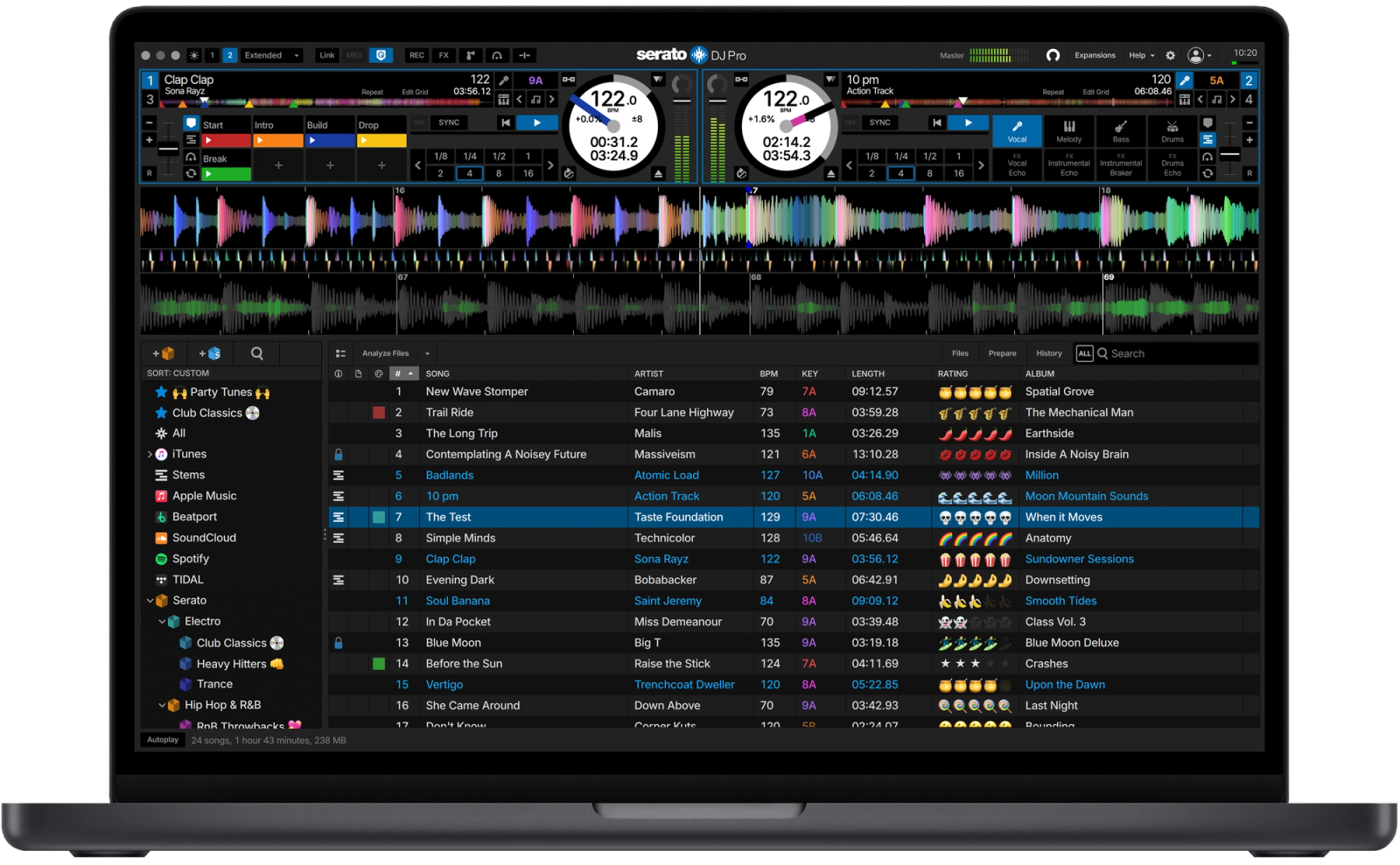 Serato DJ Pro GUI dynamic waveform view showing real-time mixing in Serato's top DJ software.