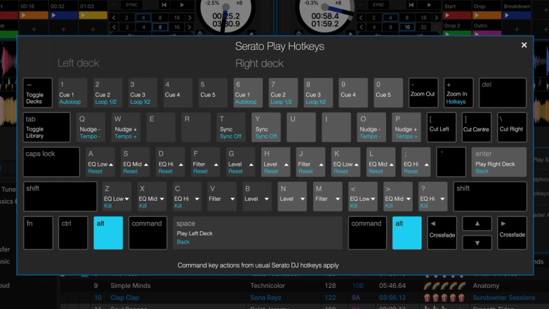 Serato DJ Pro displaying Serato Play hotkeys for advanced laptop-only DJing.