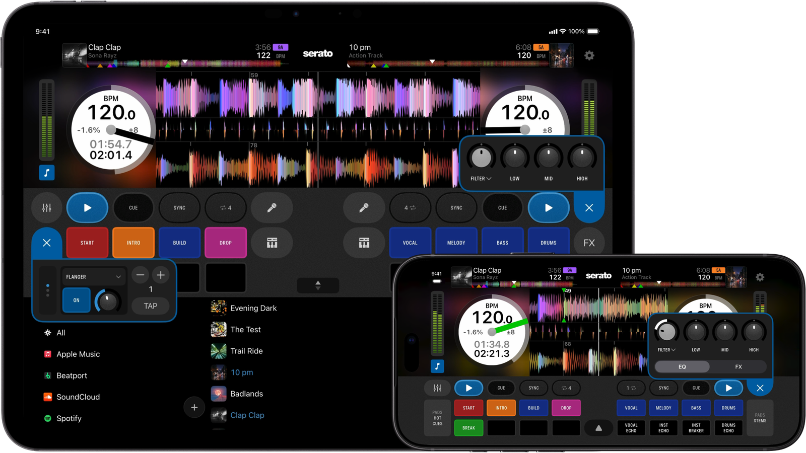 Serato DJ for iOS displaying on-screen DJ controls, Performance Pads, and waveforms on iPhone and iPad.