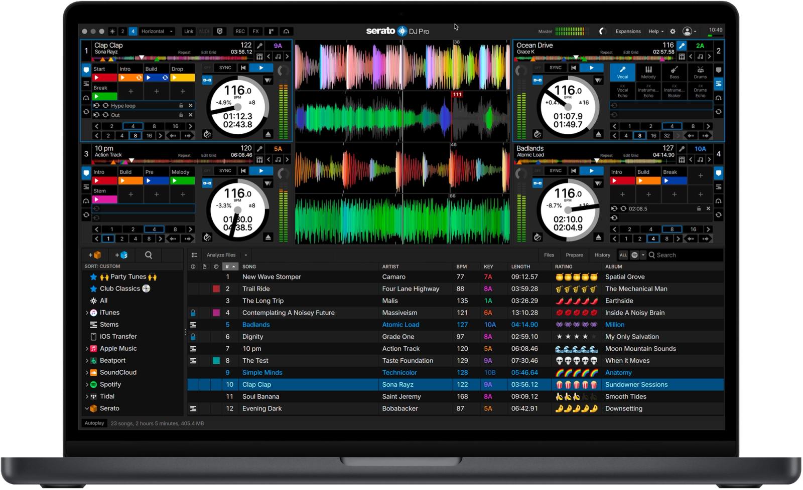 Serato DJ Pro four-deck layout for mixing four tracks with professional DJ software.