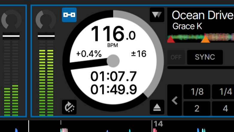Serato DJ Pro showing tempo and key adjustment controls.