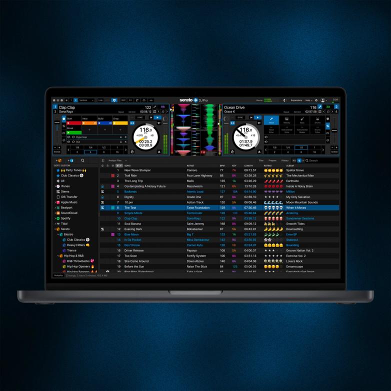 Serato DJ Pro GUI showing a two-deck layout and music library view in DJ software for Mac and PC.