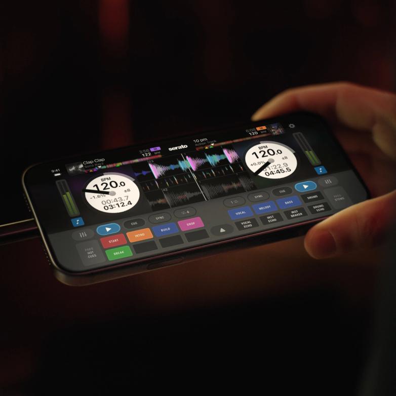 iPhone running Serato DJ for iOS, a DJ app for iPhone and iPad.