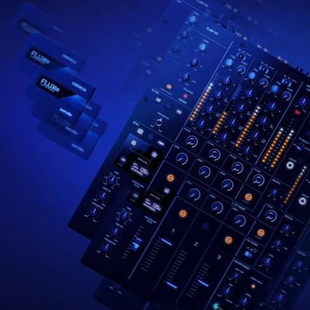 Close-up of AlphaTheta DJM-V5 and Reloop Flux Go DJ hardware supported by Serato DJ Pro.