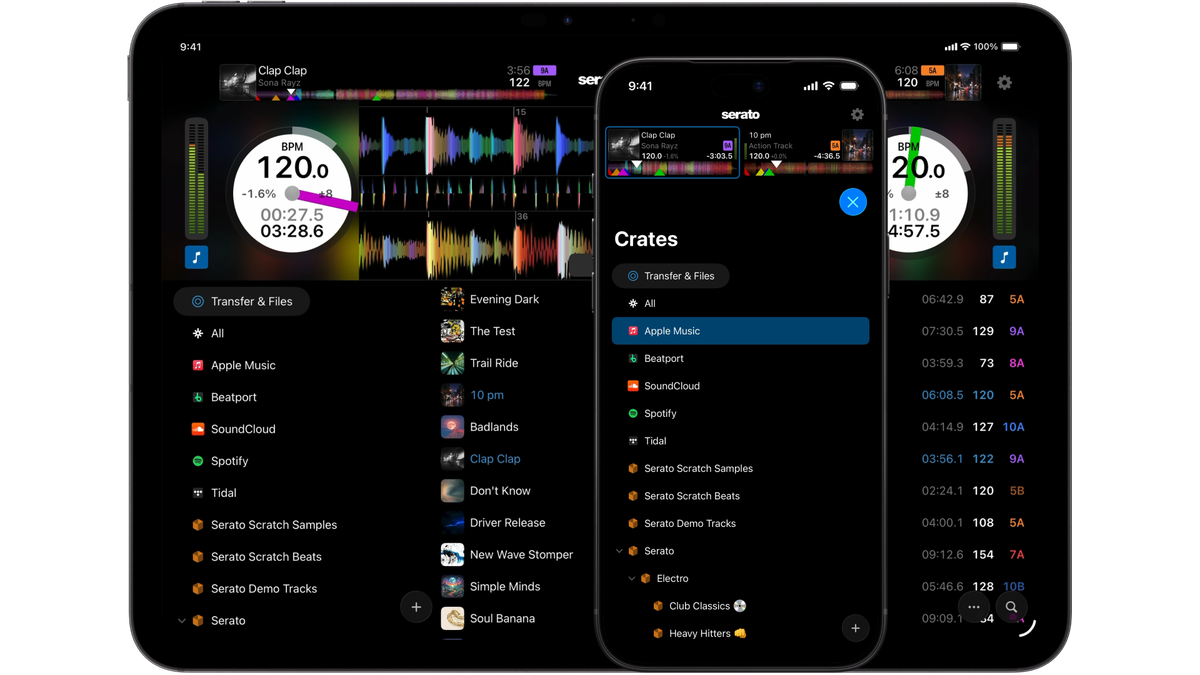 Serato DJ for iOS crate list with the Transfer and Files option on iPad and iPhone