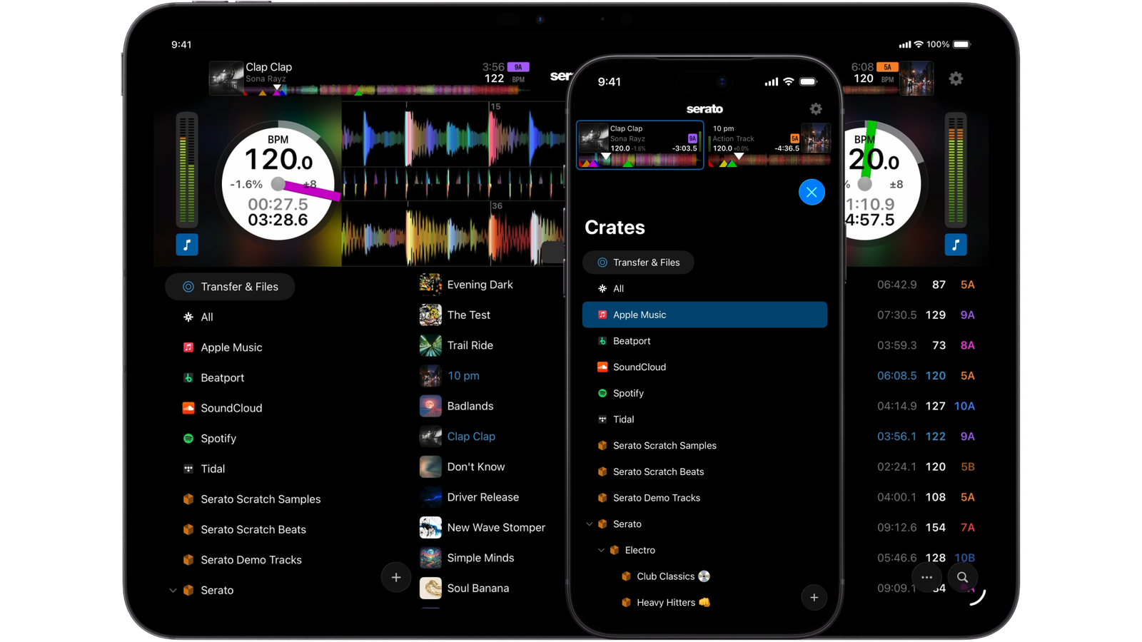 Serato DJ for iOS displaying on-screen DJ controls, Performance Pads, and waveforms on iPhone and iPad.