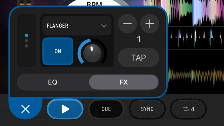 Serato DJ for iOS GUI showing built-in FX and channel FX.
