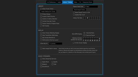 Serato DJ Pro settings screen showing streaming service options for professional DJ software.