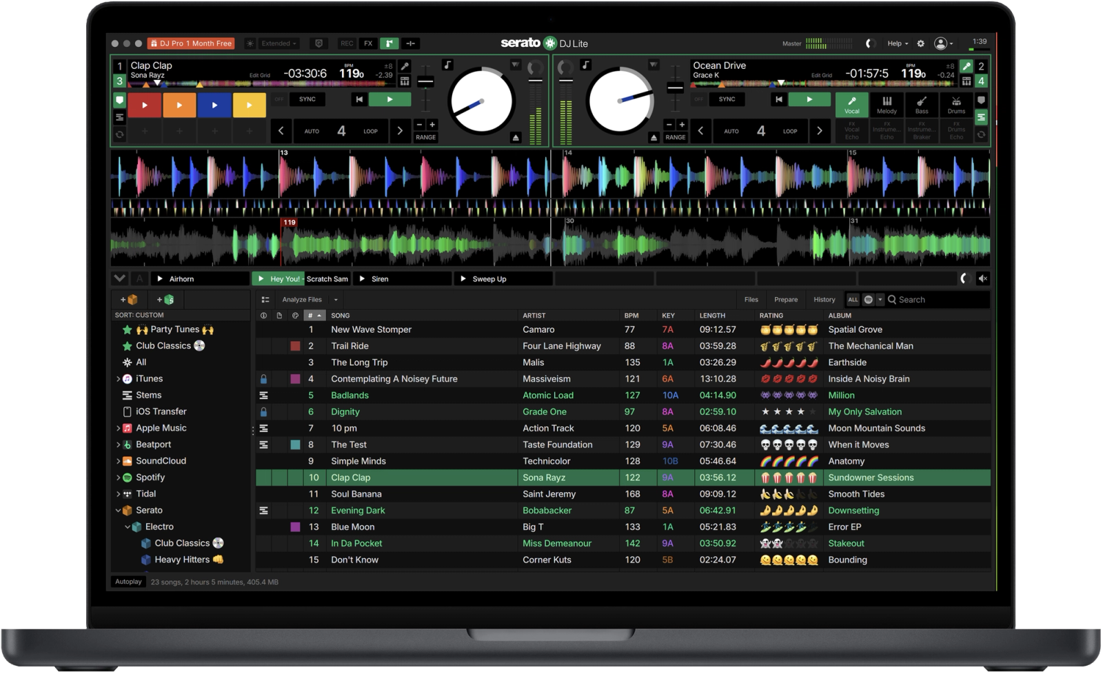 Serato DJ Lite interface showing the Sampler Panel in the best free DJ software for beginners and professionals.