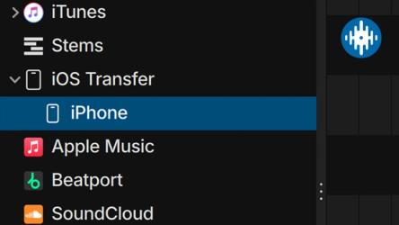 Serato DJ Pro GUI showing an iPhone connected for library transfer.