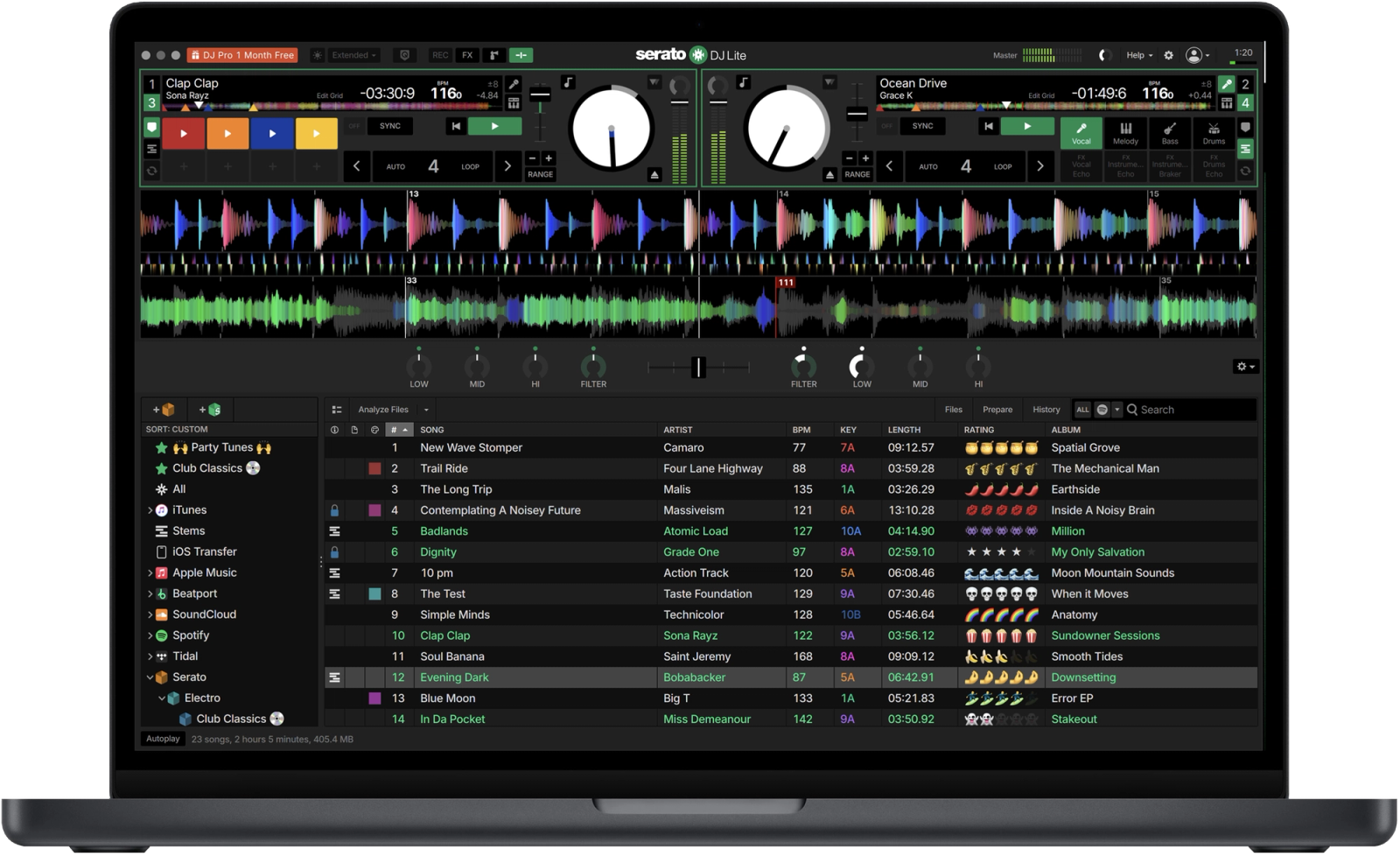 Serato DJ Lite screen in Practice Mode, part of the best free DJ software for beginners learning to mix.