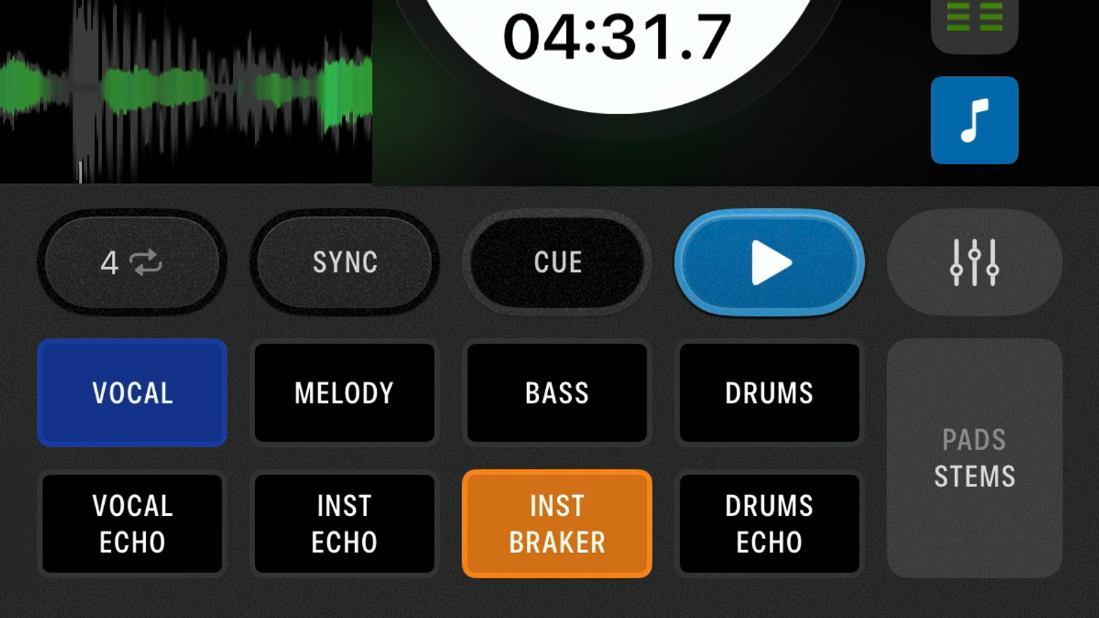 Serato DJ iOS Stems padok Vocal, Melody, Bass és Drums vezérléssel, valamint Stems-effektekkel