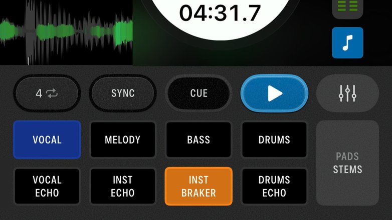 Serato DJ for iOS GUI showing Stems Pads.