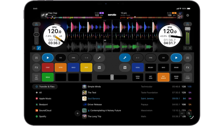 Serato DJ for iOS, a DJ app running on an iPad.
