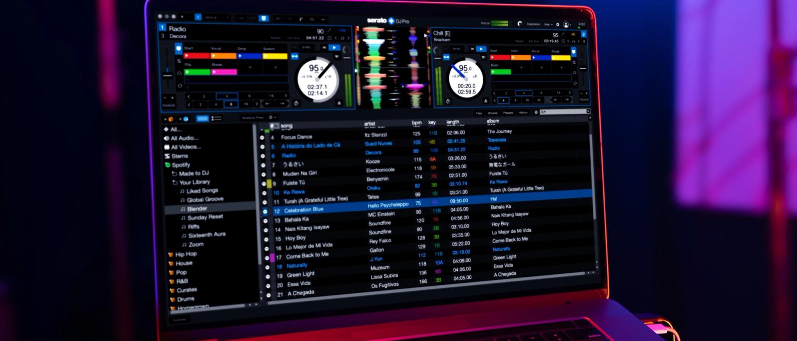 Serato DJ Pro GUI showing professional DJ software with two decks, waveforms and a music library.