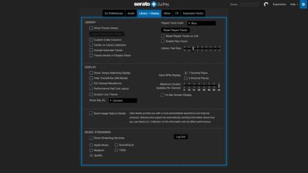 Serato DJ Pro settings screen showing streaming service options for professional DJ software.