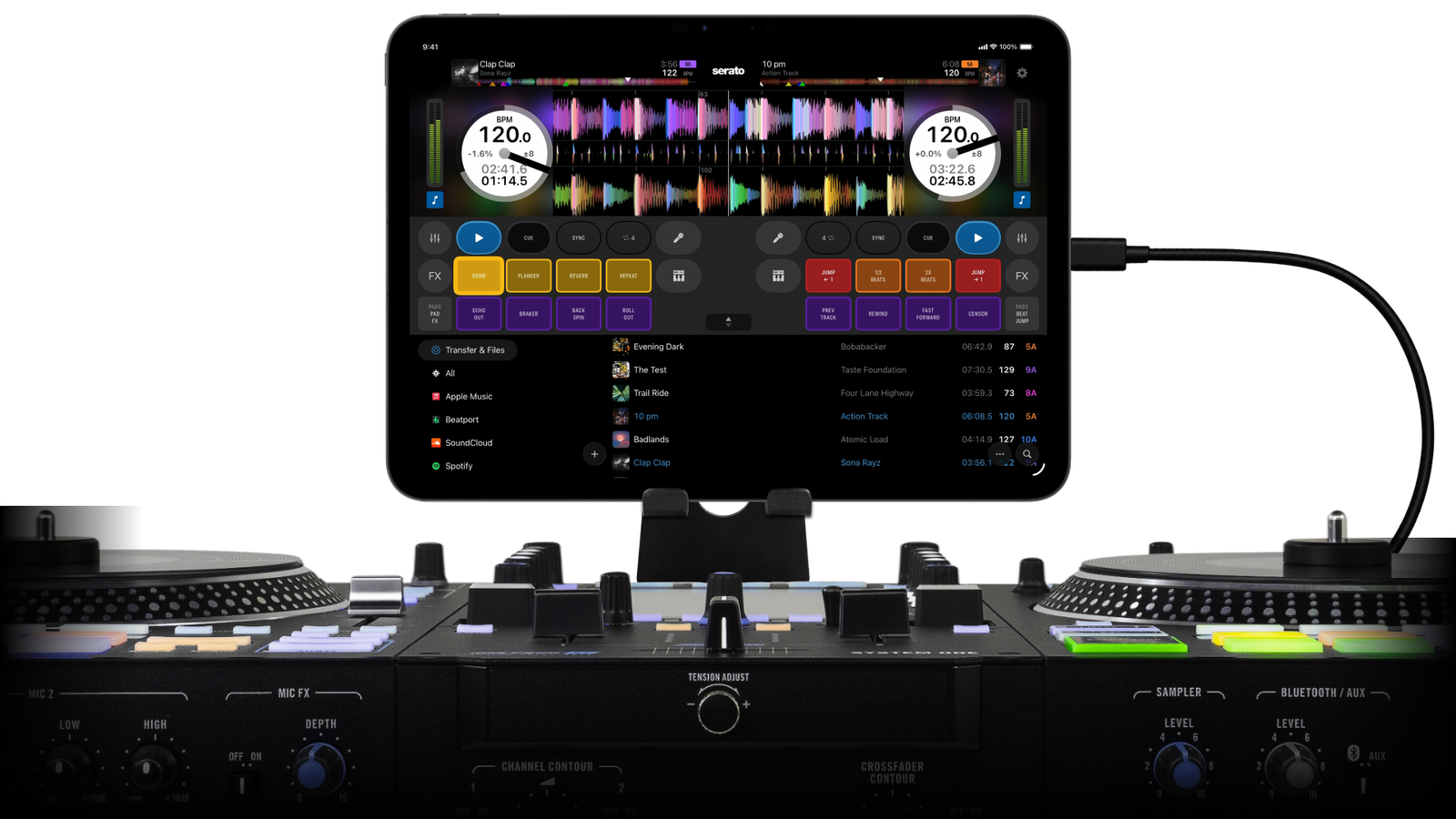 Serato DJ for iOS displaying on-screen DJ controls, Performance Pads, and waveforms on iPhone and iPad.