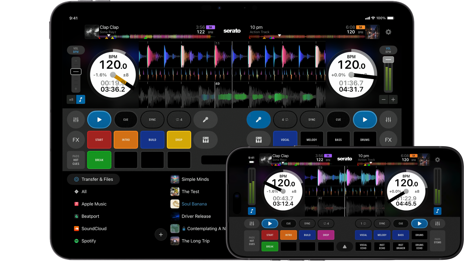 Serato DJ for iOS displaying its two-deck DJ app interface on iPhone and iPad.