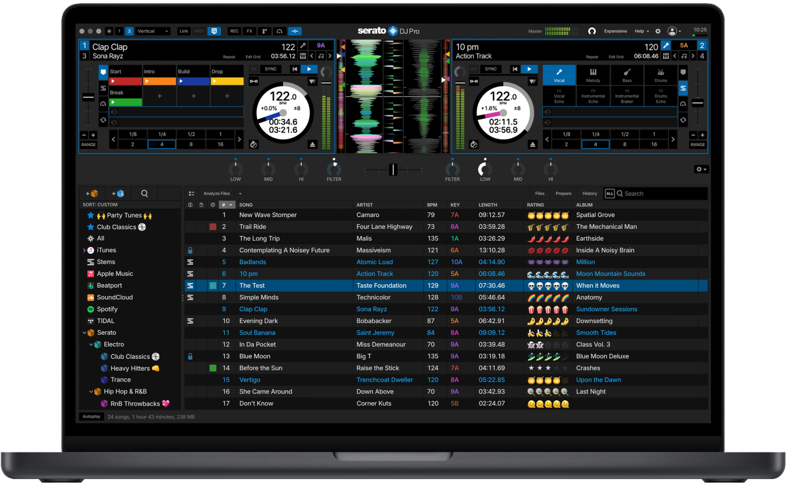 Serato DJ Pro practice mode view for professional DJs practicing their mixes.
