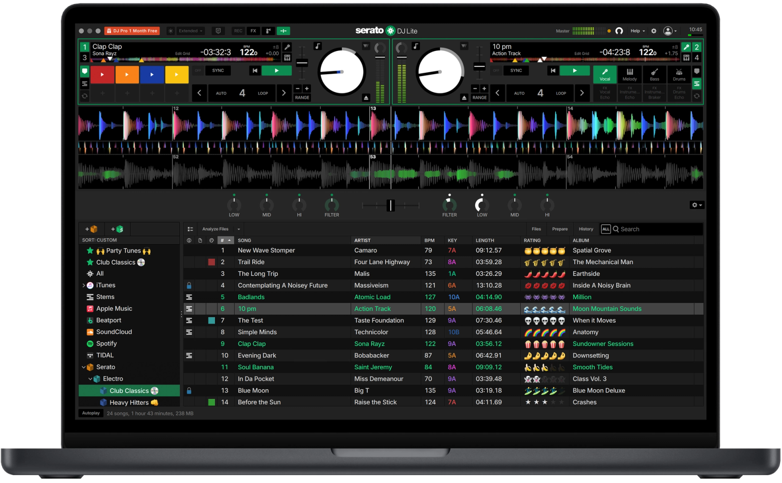 Serato DJ Lite screen in Practice Mode, part of the best free DJ software for beginners learning to mix.