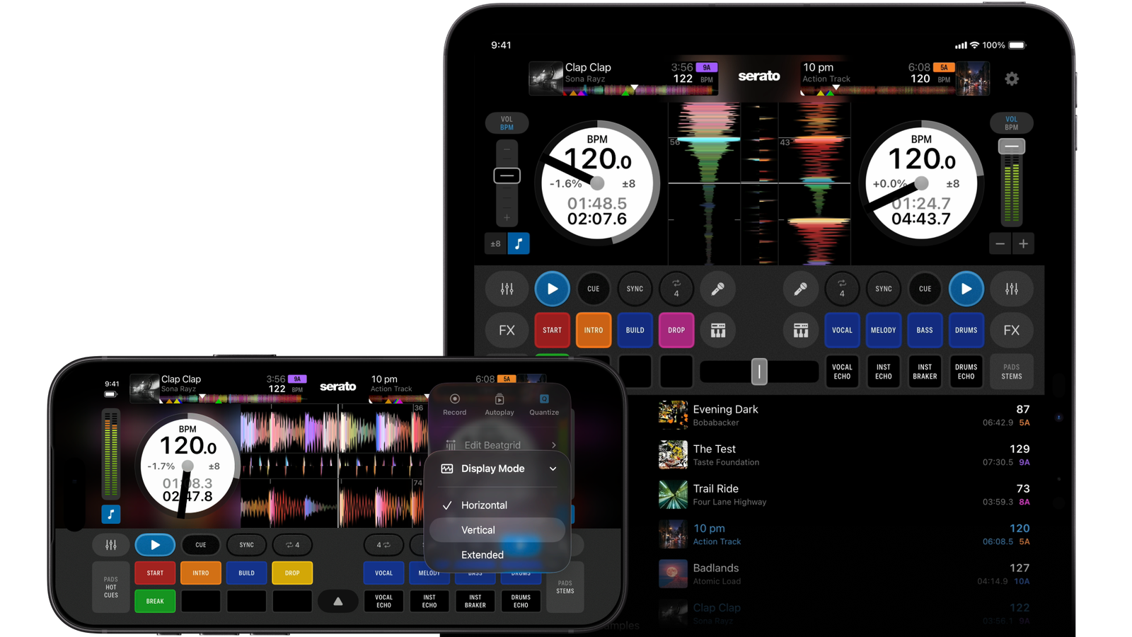 Serato DJ for iOS displaying on-screen DJ controls, Performance Pads, and waveforms on iPhone and iPad.