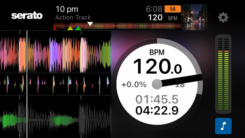 Serato DJ for iOS GUI showing waveforms, BPM and track information.