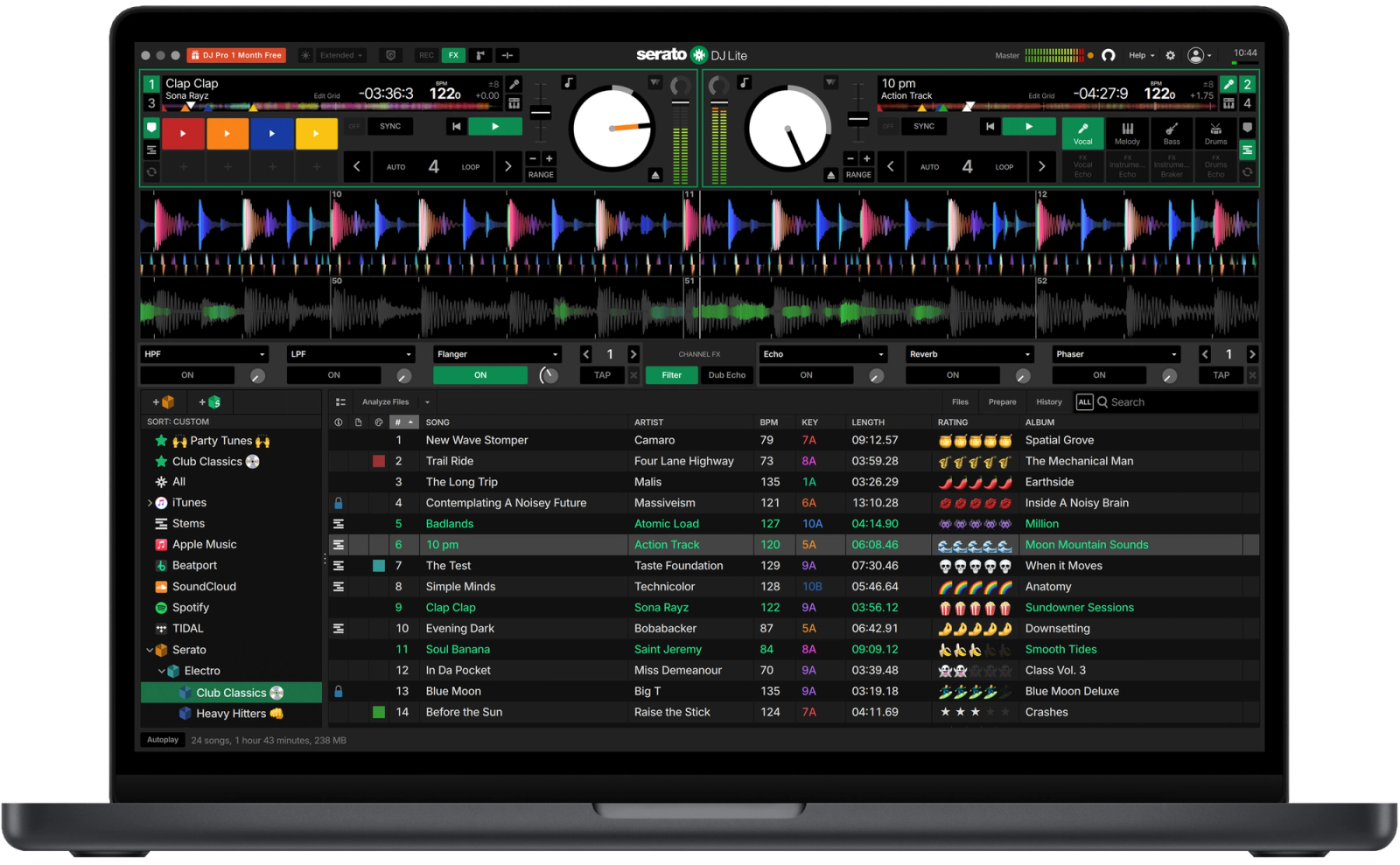Serato DJ Lite interface showing powerful FX in the best free DJ software for beginners.